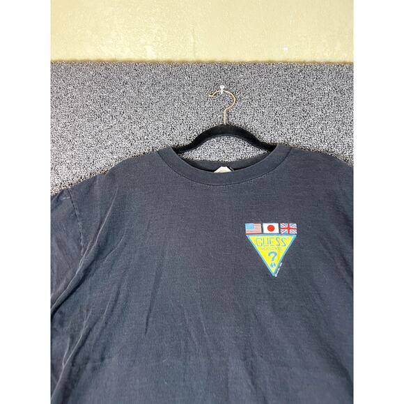 Vintage 80s Guess Worldwide Graphic Tee Mens One Size Flags USA Made Retro Black - Picture 4 of 11